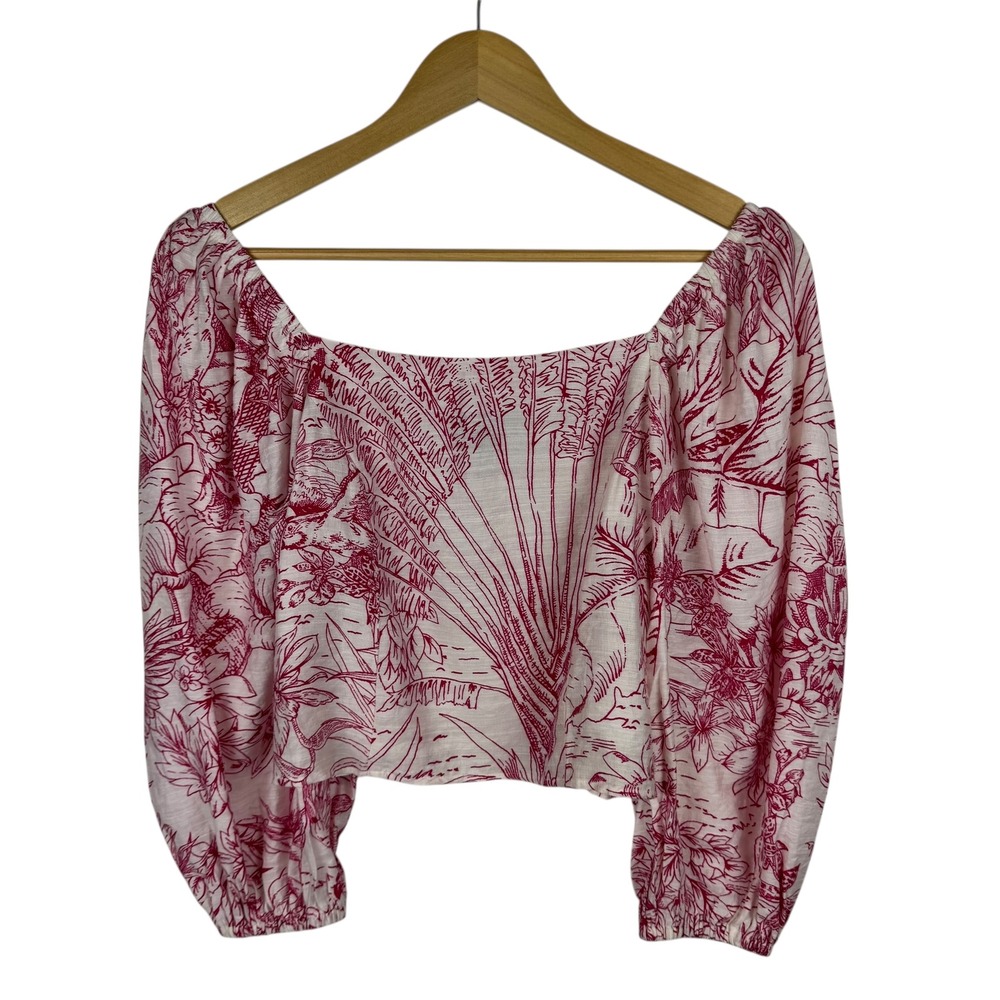 Express Pink and White Puff Sleeve Crop Blouse